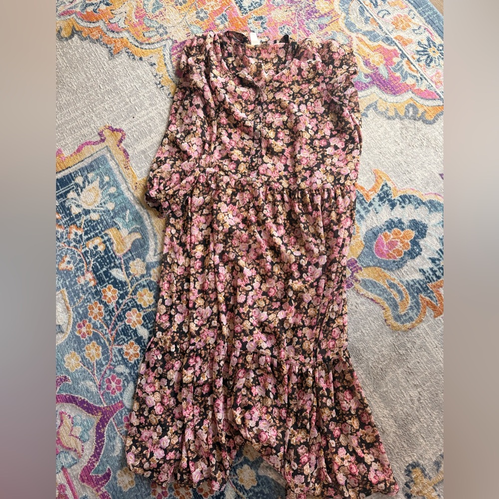 H&M Floral Tiered Midi Dress in Pink and Black